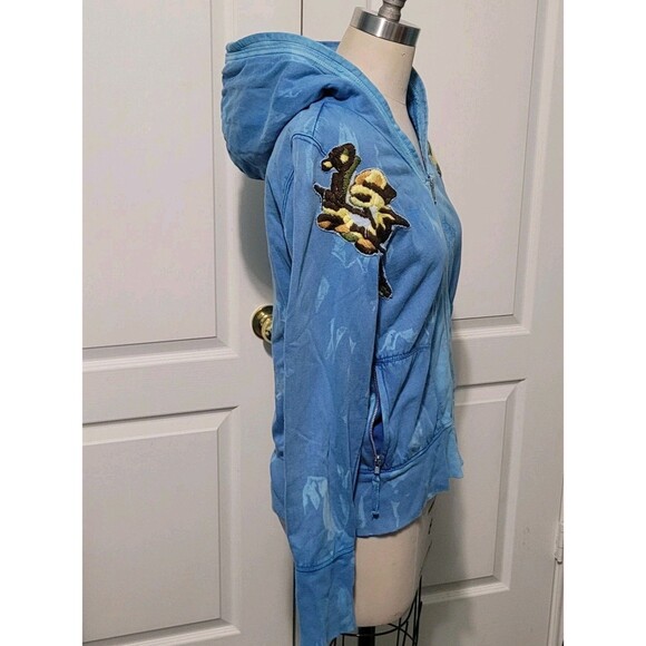 Free People Hoodie Women M Blue Tie Dye Embroidered Flying Birds Full Zip - Picture 5 of 16